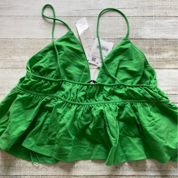 Zara Green Ruffled Cropped Tank Top Size L - Picture 6 of 9